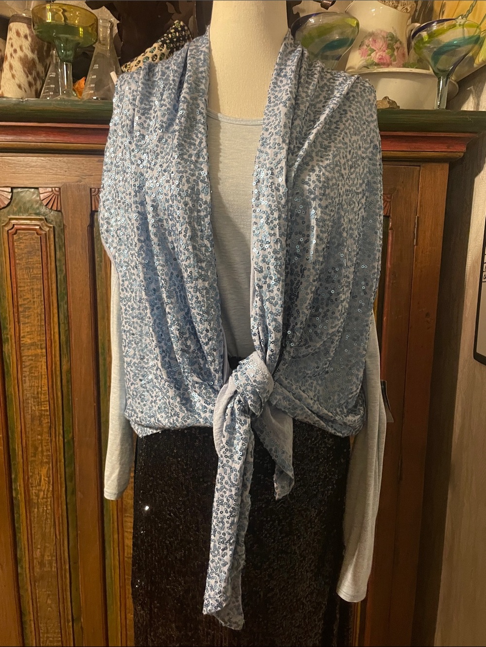 Karen Kane Light Blue Sequin Tie-Front Sleeveless Top